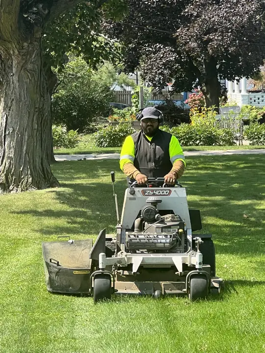 Crew On Stand On Mower Shaded Front Lawn Chicagoland