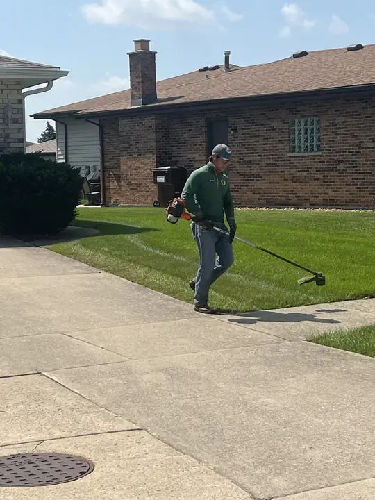 Crew Trimming Front Walk Brick Ranch Chicagoland