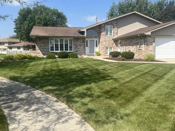 Striped Lawn Stone Front Home Chicagoland